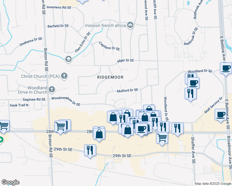 map of restaurants, bars, coffee shops, grocery stores, and more near 2768 Mulford Drive Southeast in Grand Rapids