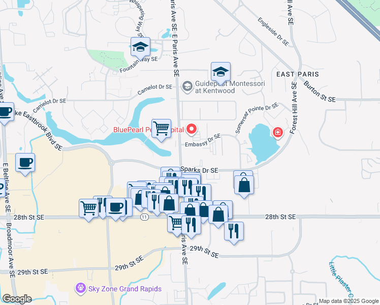 map of restaurants, bars, coffee shops, grocery stores, and more near 2560 East Paris Avenue Southeast in Grand Rapids