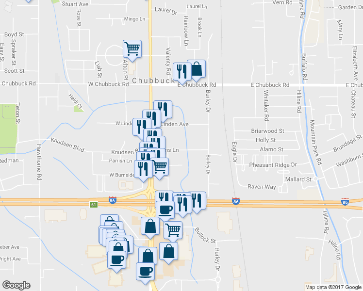 map of restaurants, bars, coffee shops, grocery stores, and more near 206 Evans Lane in Pocatello