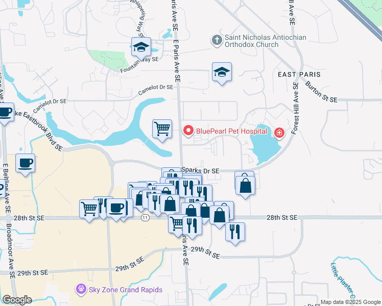 map of restaurants, bars, coffee shops, grocery stores, and more near 2560 East Paris Avenue Southeast in Grand Rapids