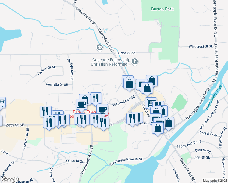 map of restaurants, bars, coffee shops, grocery stores, and more near 2664 Wyndham Drive Southeast in Grand Rapids