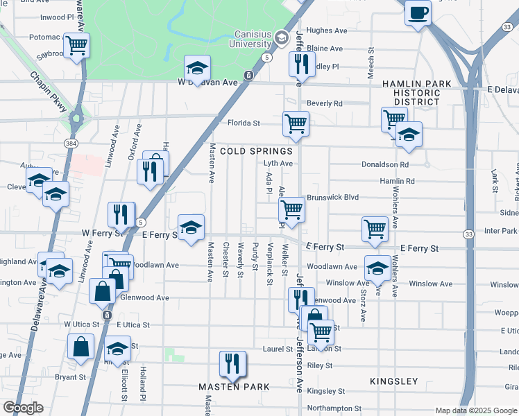 map of restaurants, bars, coffee shops, grocery stores, and more near 5 Elsie Place in Buffalo