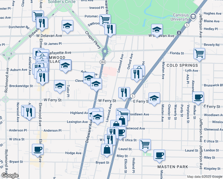 map of restaurants, bars, coffee shops, grocery stores, and more near 510 Linwood Avenue in Buffalo