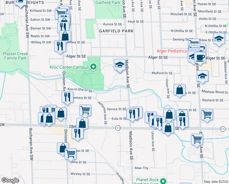 map of restaurants, bars, coffee shops, grocery stores, and more near 316 Ken-O-Sha Drive Southeast in Grand Rapids