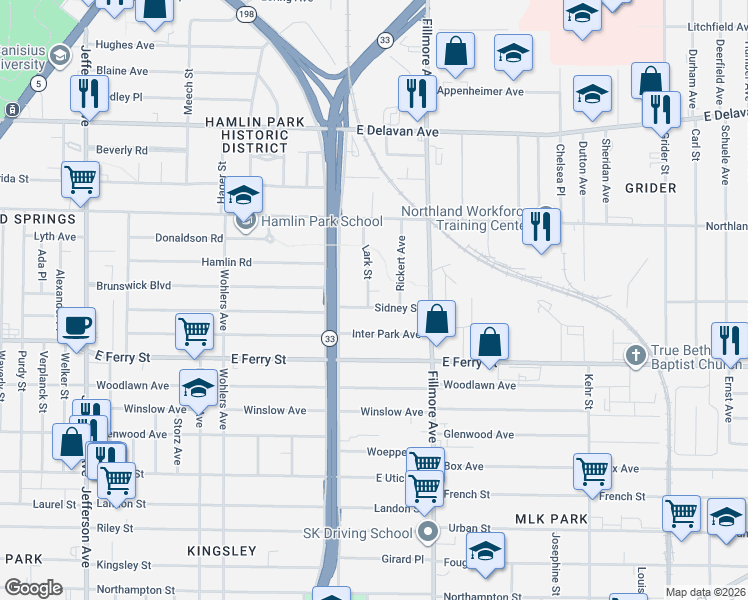 map of restaurants, bars, coffee shops, grocery stores, and more near 40 Sidney Street in Buffalo
