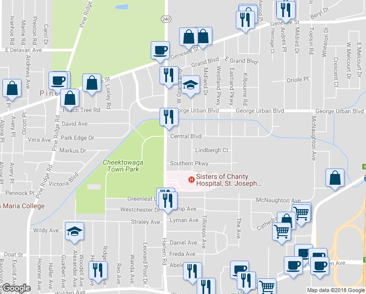 map of restaurants, bars, coffee shops, grocery stores, and more near 55 West Grand Boulevard in Buffalo