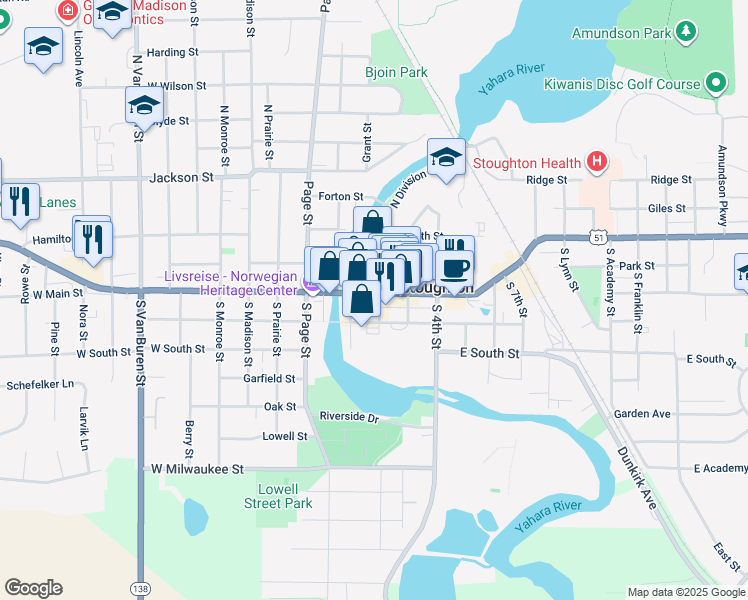 map of restaurants, bars, coffee shops, grocery stores, and more near 129 East Main Street in Stoughton