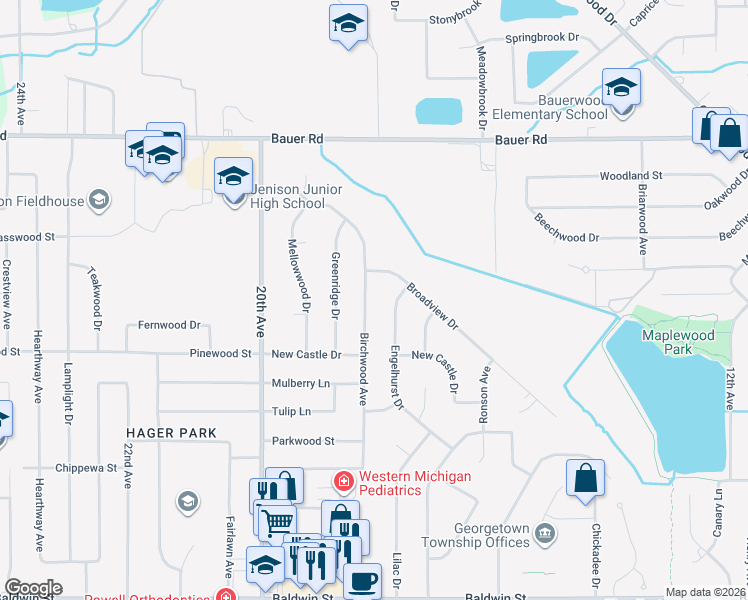 map of restaurants, bars, coffee shops, grocery stores, and more near 8116 Birchwood Ave in Georgetown Township