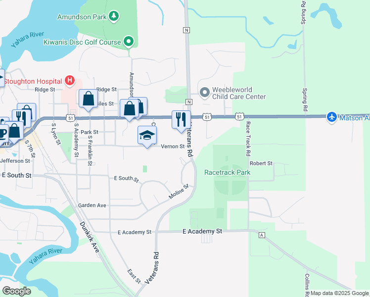 map of restaurants, bars, coffee shops, grocery stores, and more near 1649 Vernon Street in Stoughton