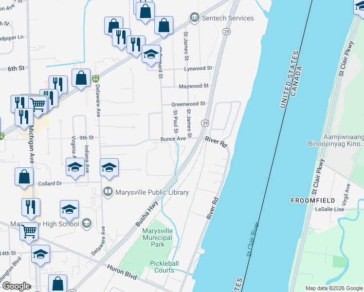 map of restaurants, bars, coffee shops, grocery stores, and more near Lighthouse Drive in Marysville