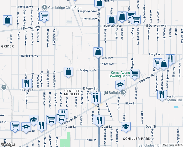 map of restaurants, bars, coffee shops, grocery stores, and more near 151 Wende Street in Buffalo