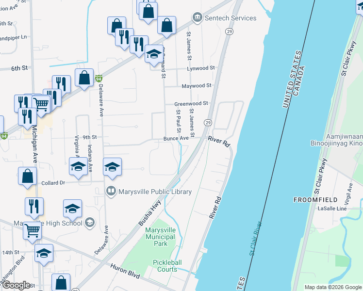 map of restaurants, bars, coffee shops, grocery stores, and more near Lighthouse Drive in Marysville