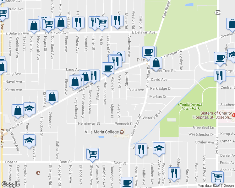 map of restaurants, bars, coffee shops, grocery stores, and more near 75 Avery Place in Buffalo