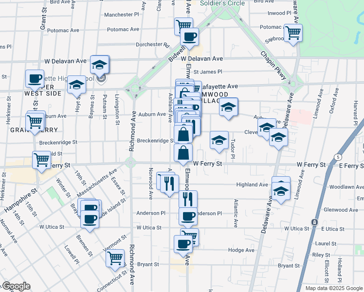 map of restaurants, bars, coffee shops, grocery stores, and more near 712 Elmwood Avenue in Buffalo