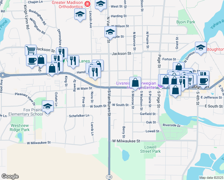 map of restaurants, bars, coffee shops, grocery stores, and more near 817 W Main St in Stoughton