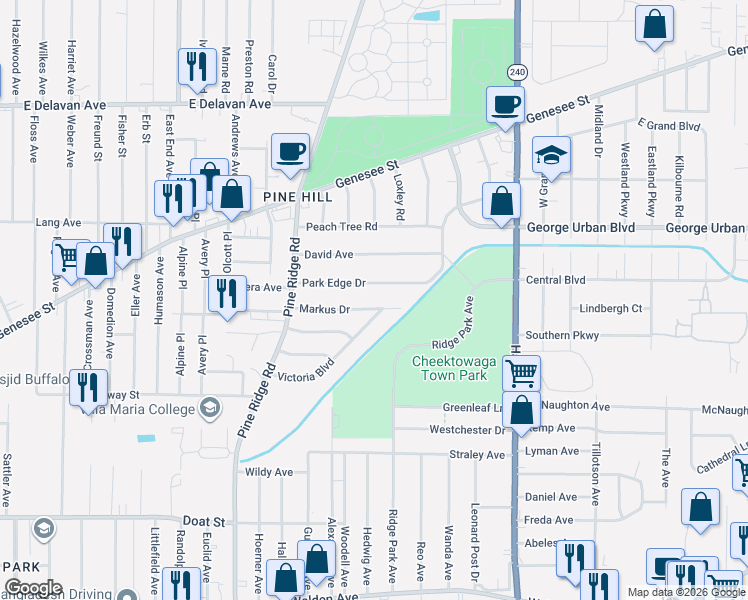 map of restaurants, bars, coffee shops, grocery stores, and more near 70 Markus Drive in Buffalo