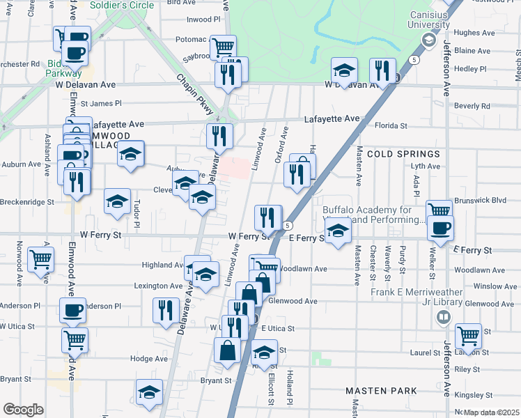 map of restaurants, bars, coffee shops, grocery stores, and more near 42 Oxford Avenue in Buffalo