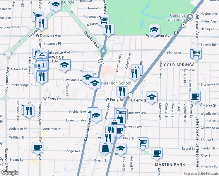 map of restaurants, bars, coffee shops, grocery stores, and more near 510 Linwood Avenue in Buffalo