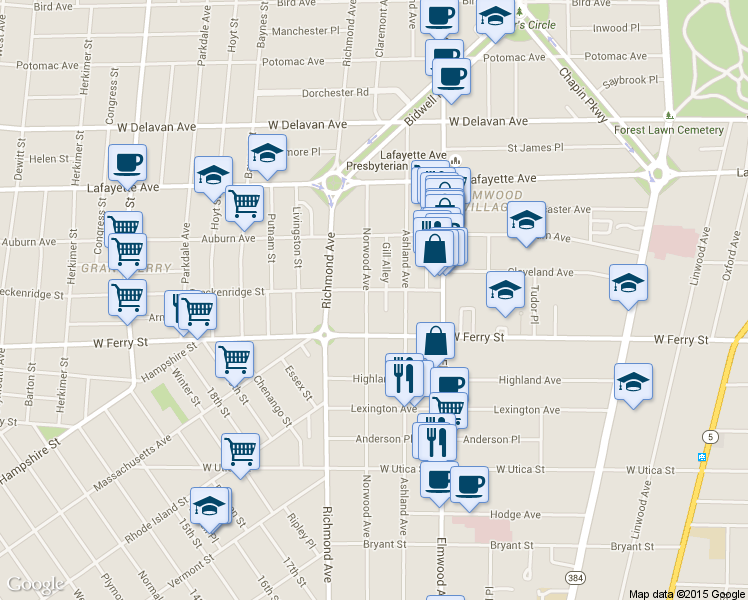 map of restaurants, bars, coffee shops, grocery stores, and more near 424 Norwood Avenue in Buffalo