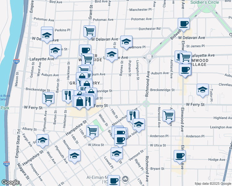 map of restaurants, bars, coffee shops, grocery stores, and more near 35 Hoyt Street in Buffalo