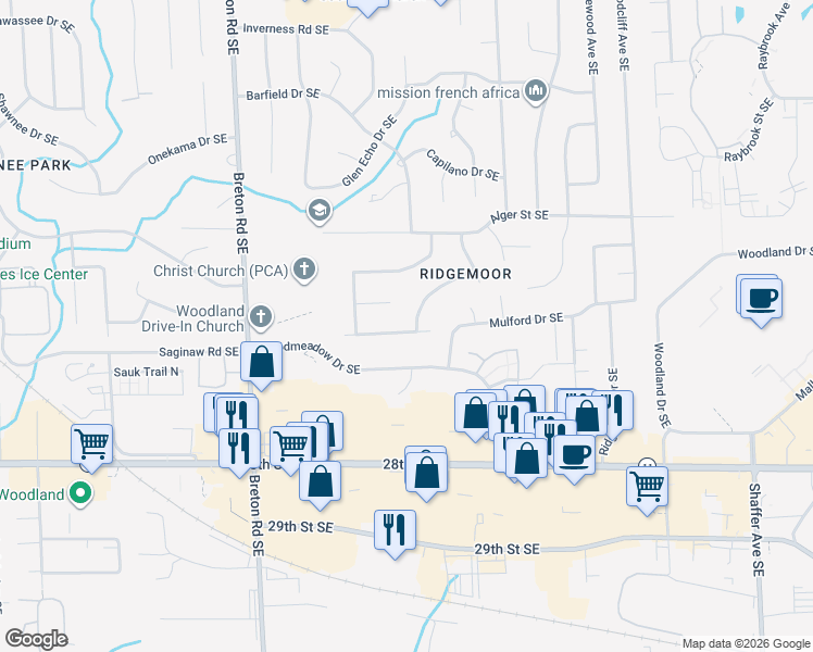 map of restaurants, bars, coffee shops, grocery stores, and more near 2651 Heathcliff Street Southeast in Grand Rapids