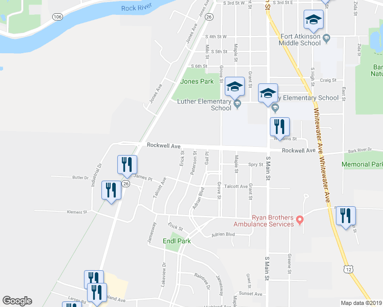 map of restaurants, bars, coffee shops, grocery stores, and more near 912 Peterson Street in Fort Atkinson