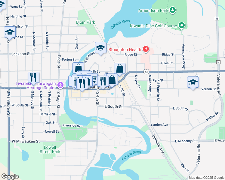 map of restaurants, bars, coffee shops, grocery stores, and more near 300 South 6th Street in Stoughton