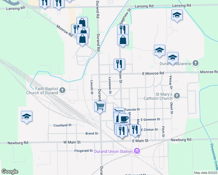 map of restaurants, bars, coffee shops, grocery stores, and more near 200 West Oakland Street in Durand