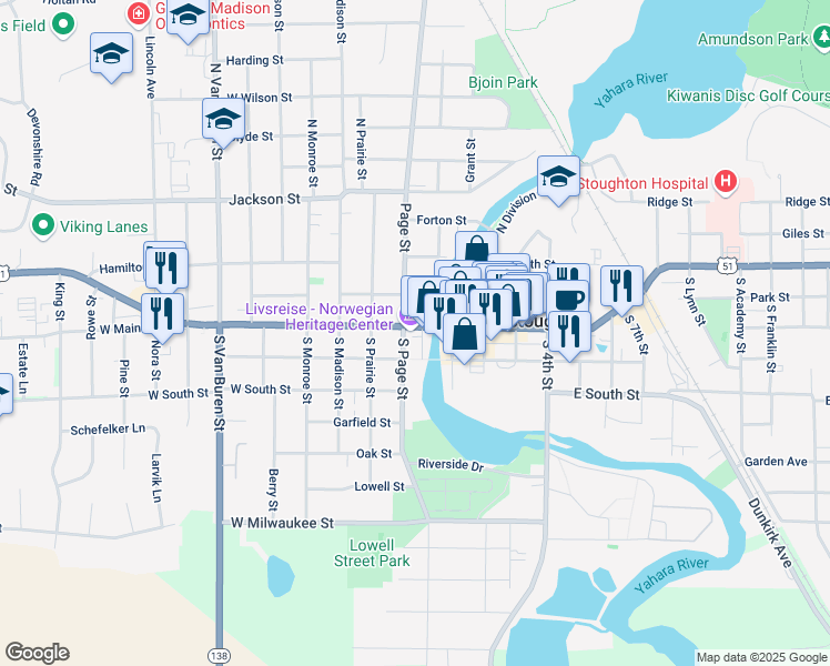 map of restaurants, bars, coffee shops, grocery stores, and more near 277 West Main Street in Stoughton
