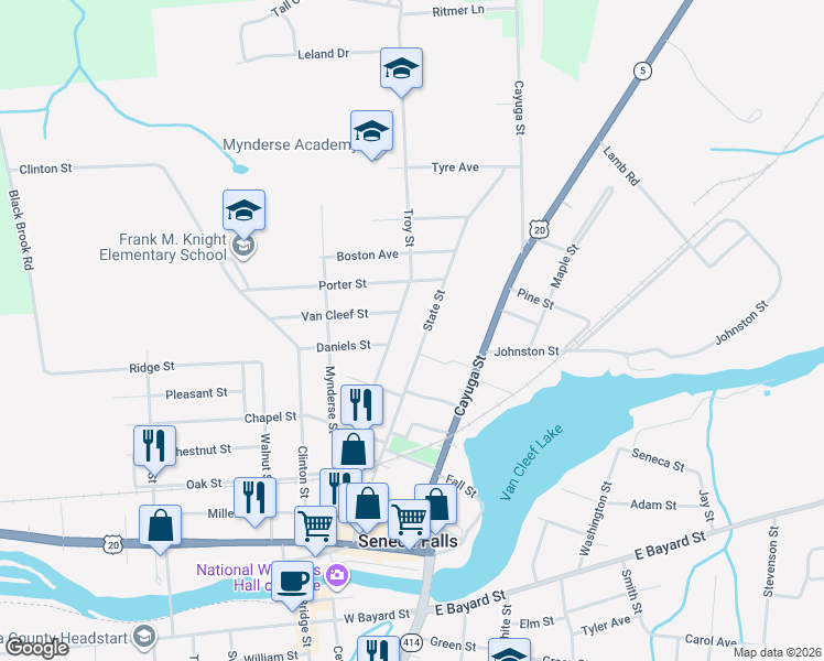 map of restaurants, bars, coffee shops, grocery stores, and more near 44 Troy Street in Seneca Falls