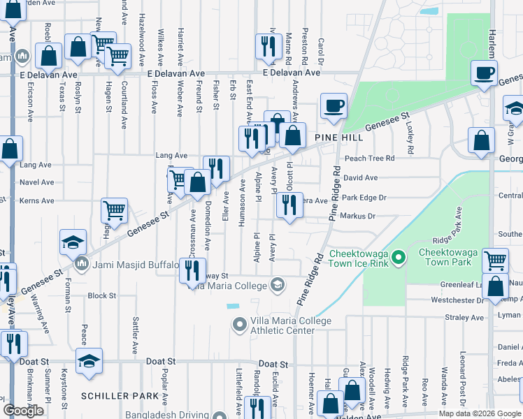 map of restaurants, bars, coffee shops, grocery stores, and more near 75 Avery Place in Buffalo