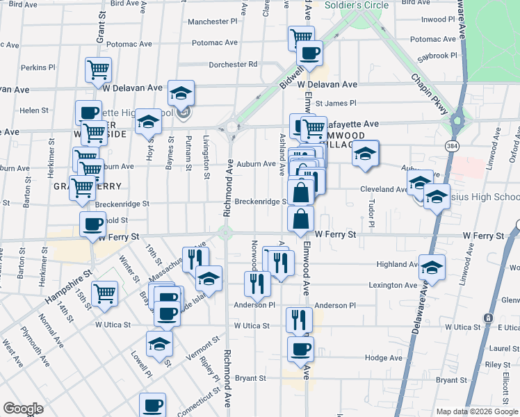 map of restaurants, bars, coffee shops, grocery stores, and more near 424 Norwood Avenue in Buffalo