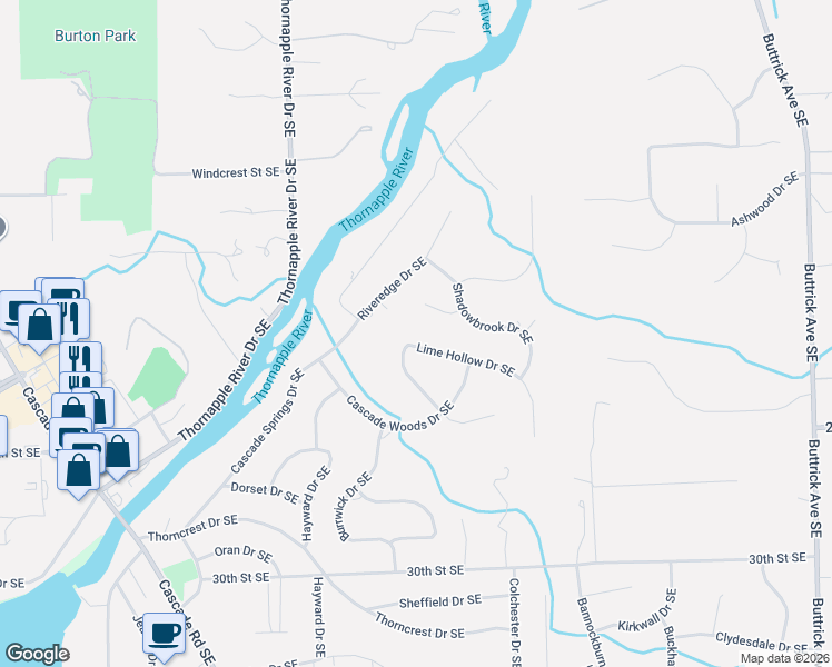 map of restaurants, bars, coffee shops, grocery stores, and more near 7413 Lime Hollow Drive Southeast in Grand Rapids