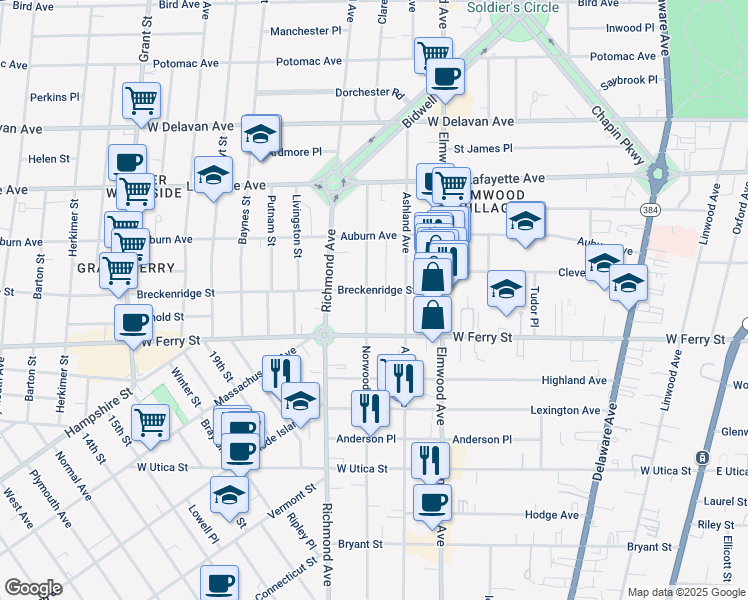 map of restaurants, bars, coffee shops, grocery stores, and more near 424 Norwood Avenue in Buffalo