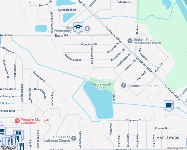 map of restaurants, bars, coffee shops, grocery stores, and more near 1280 Elmwood Drive in Georgetown Township