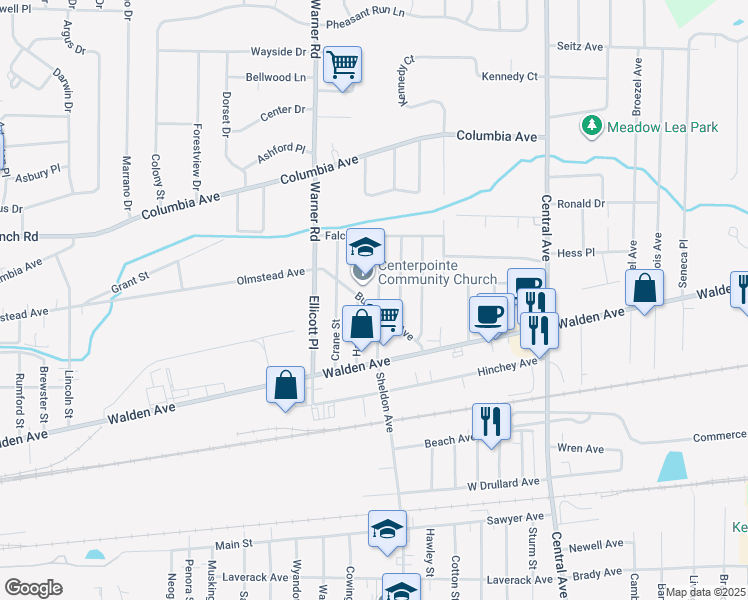 map of restaurants, bars, coffee shops, grocery stores, and more near 86 Burlington Avenue in Depew
