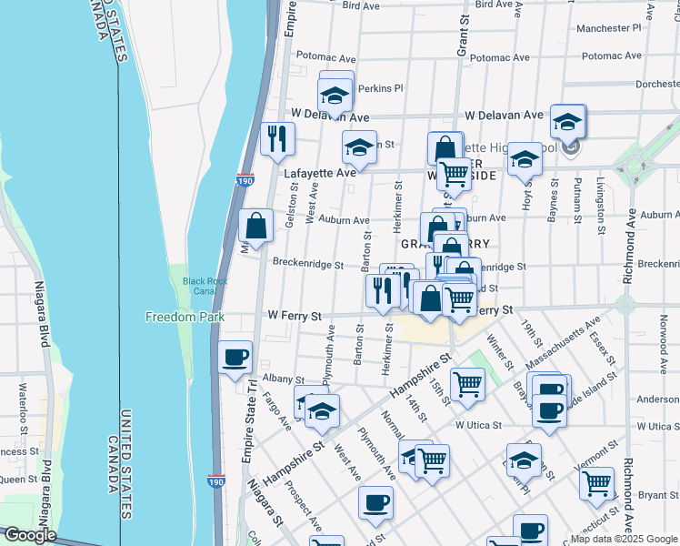 map of restaurants, bars, coffee shops, grocery stores, and more near 163 Breckenridge Street in Buffalo