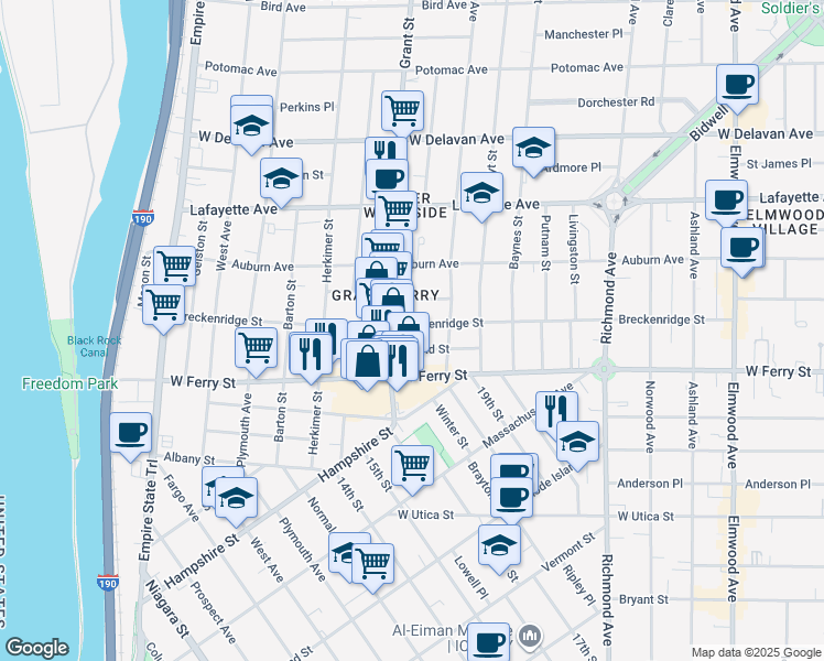 map of restaurants, bars, coffee shops, grocery stores, and more near 325 Breckenridge Street in Buffalo