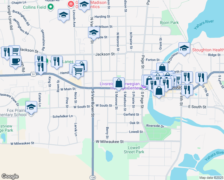 map of restaurants, bars, coffee shops, grocery stores, and more near 617 West Main Street in Stoughton