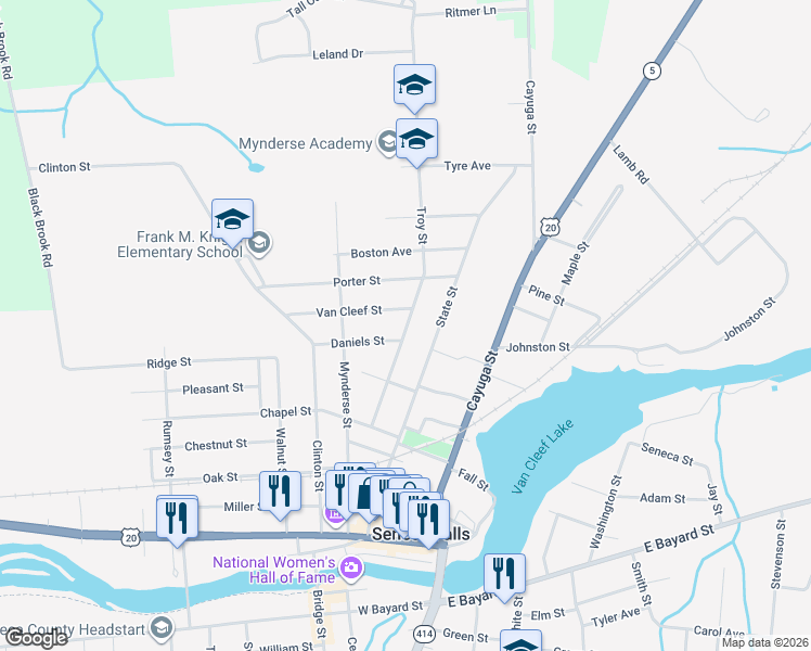 map of restaurants, bars, coffee shops, grocery stores, and more near 44 Troy Street in Seneca Falls
