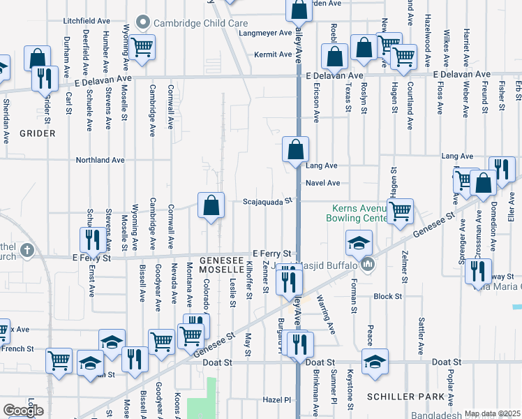 map of restaurants, bars, coffee shops, grocery stores, and more near 168 Zenner Street in Buffalo
