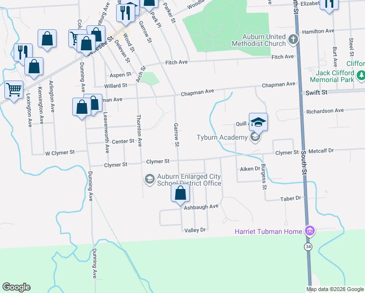 map of restaurants, bars, coffee shops, grocery stores, and more near 63 Clymer Street in Auburn