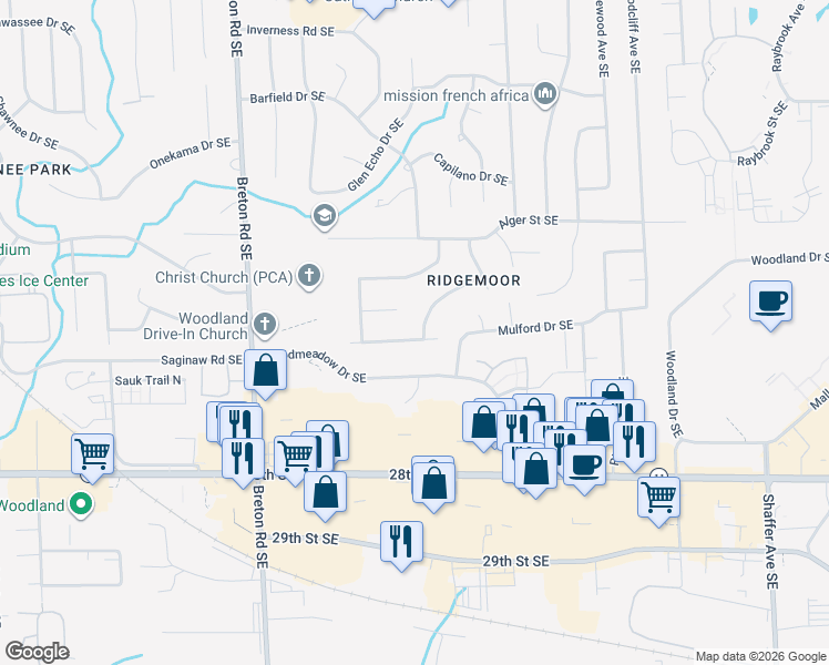 map of restaurants, bars, coffee shops, grocery stores, and more near 2651 Heathcliff Street Southeast in Grand Rapids