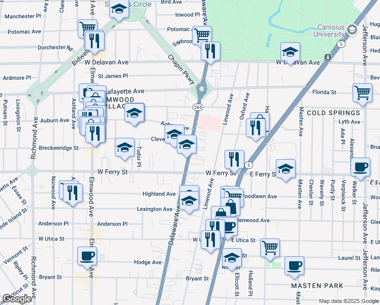 map of restaurants, bars, coffee shops, grocery stores, and more near 1195 Delaware Avenue in Buffalo