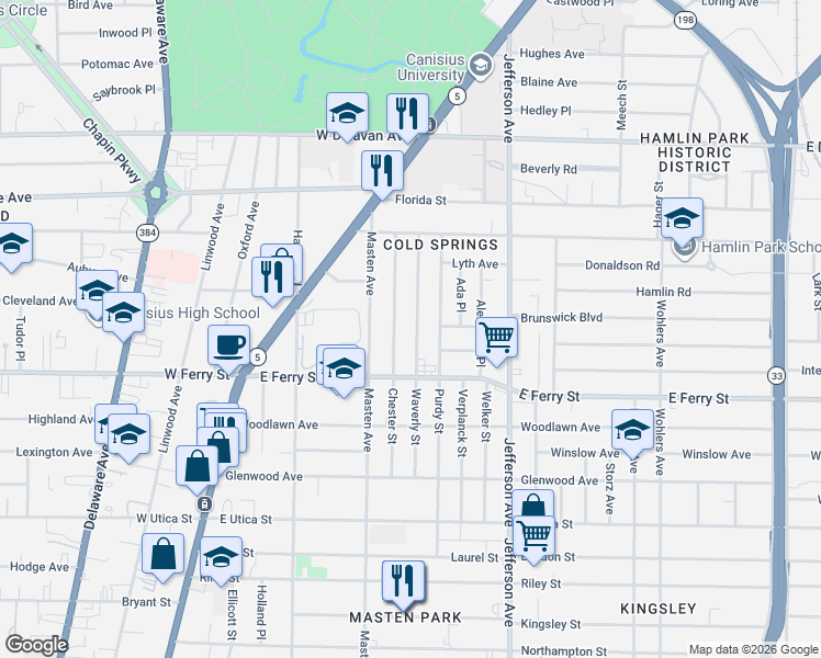 map of restaurants, bars, coffee shops, grocery stores, and more near 146 Waverly Street in Buffalo