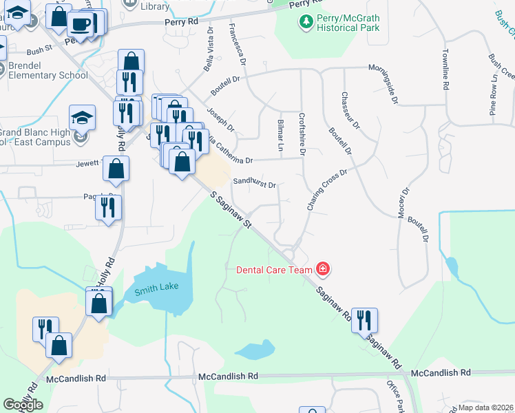 map of restaurants, bars, coffee shops, grocery stores, and more near Ashley Drive in Grand Blanc