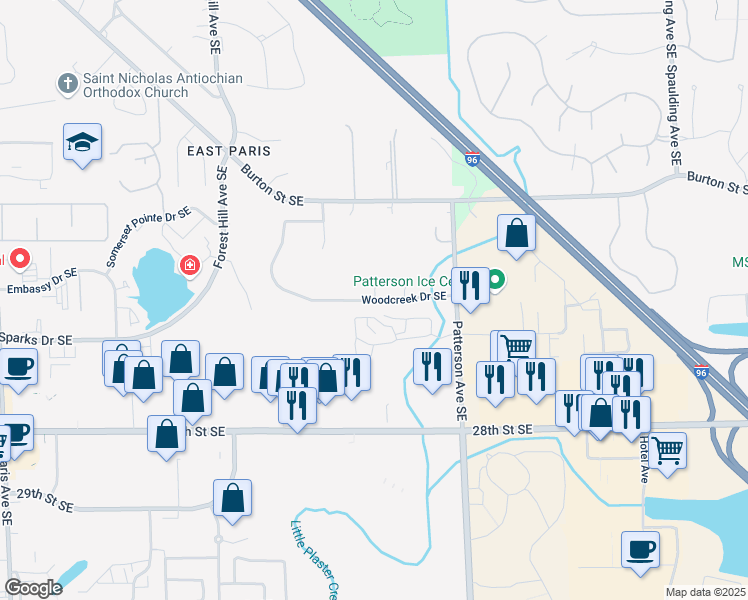 map of restaurants, bars, coffee shops, grocery stores, and more near 4613 Woodcreek Drive Southeast in Grand Rapids