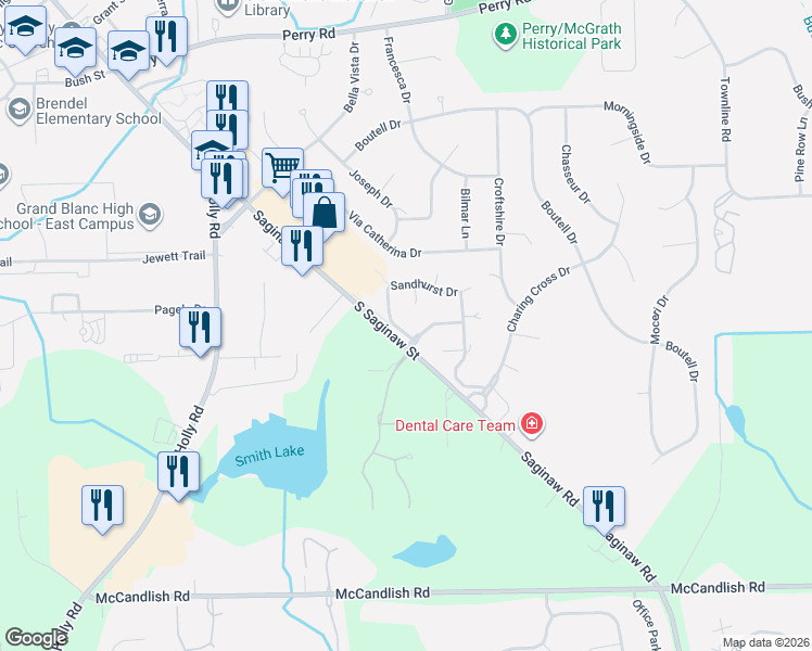map of restaurants, bars, coffee shops, grocery stores, and more near 440 Sandhurst Drive in Grand Blanc