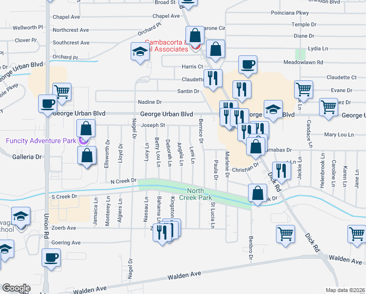 map of restaurants, bars, coffee shops, grocery stores, and more near 36 Angela Lane in Buffalo