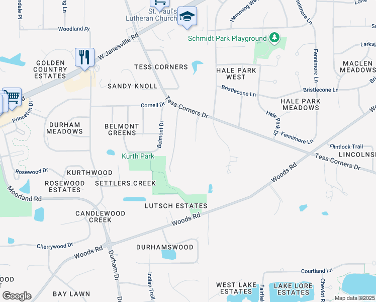 map of restaurants, bars, coffee shops, grocery stores, and more near S69W14105 Tess Corners Drive in Muskego